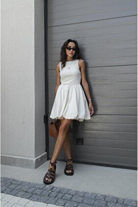 Bej Kalın Askılı Balon Etekli Elbise