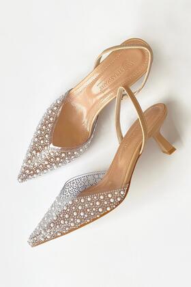 Jessica Women's Stone Detail Transparent Heeled Shoes Tan