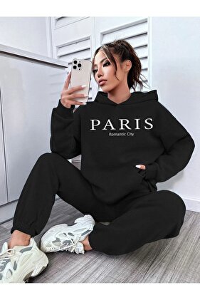 سويت شيرت وركض بنمط مدينة باريس الرومانسية - طقم بدلة رياضية بغطاء للرأس مطبوع باللون الأسود