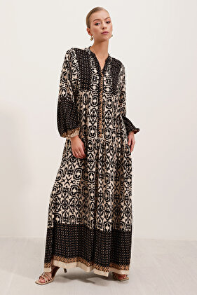 Women's Black Beige Patterned Viscose Hijab Dress 2423