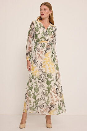 فستان شيفون نسائي بنمط زهرة صفراء خضراء 2134