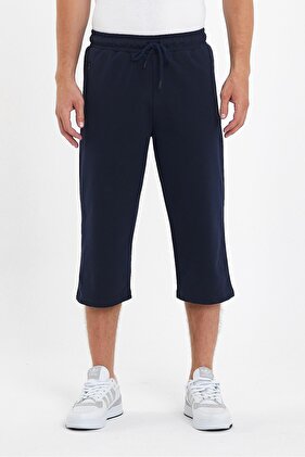 برمودا باللون الأزرق الداكن تحت الركبة - شورت طويل بخصر مطاطي قابل للتعديل وسحاب