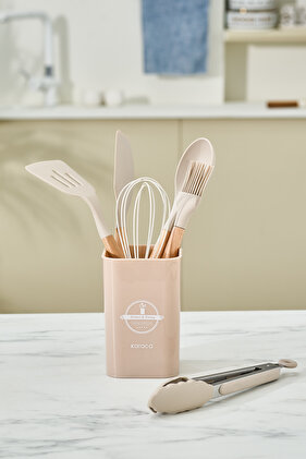 Zoey 7 Parça Kayın Ağacı Saplı Silikon Başlıklı Standlı Servis Seti Bej