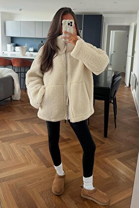 Bej Dik Yakalı Cepli Peluş Mont MG1966