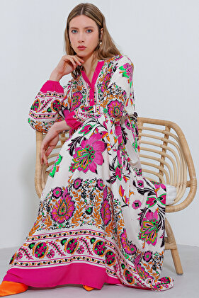 فستان حجاب فيسكوز منقوش كريمي فوشيا نسائي 2423