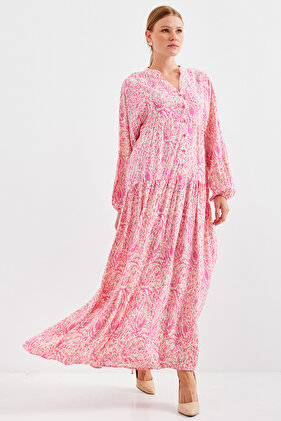 فستان حجاب فيسكوز وردي منقوش نسائي 2423