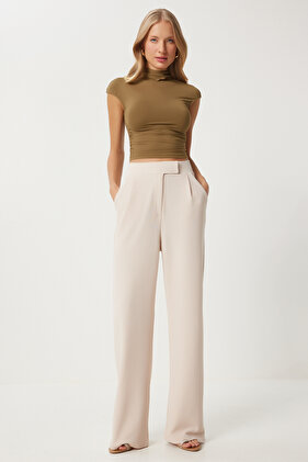 Women's Cream Waist Velcro Comfortable Woven Trousers RV00150