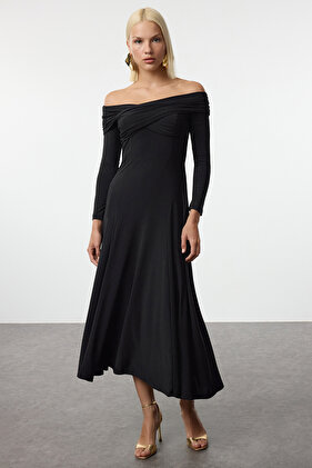 فستان سهرة محبوك أسود على شكل حرف A فستان التخرج الليلي TPRAW25EL00100