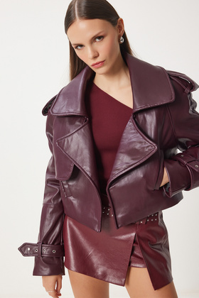 Women's Burgundy Oversized Faux Leather Jacket OH00059
