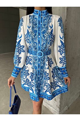 Atlas Fabric Short Dress (Belt Included) Blue