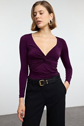 Stretchy Plum Colored Long Sleeve Knitted Blouse - Drape Detail, Fitted TWOAW25BZ00247