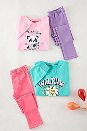 طقم بناتي مزين بالزهور باللون الوردي والنعناع مكون من 4 قطع TKDAW25AU00119