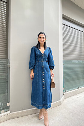 Balloon Sleeve Denim Dress