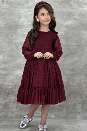 Girl's Crew Neck Sleeves Transparent Skirt Tulle Glitter Burgundy Evening Dress