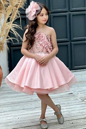 Girl's One-Shoulder Stone Detailed Puffy Powder Evening Dress