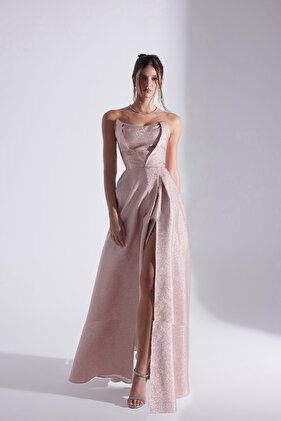 فستان سهرة بدون حمالات من قماش الجاكار البودرة من ALEX