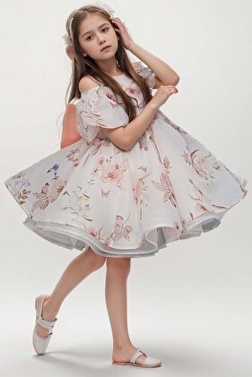 نمط الأزهار البرتقالية - فستان سهرة للفتيات برقبة قارب وأكمام بالون من التول الرقيق