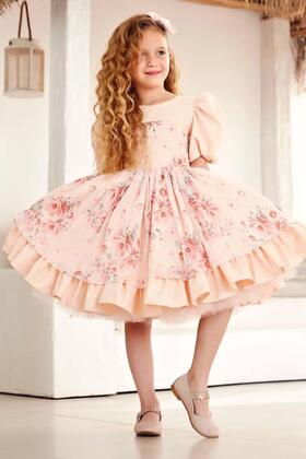 فستان سهرة بناتي سلمون - تفاصيل زهور وأكمام بالون