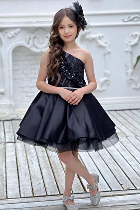 Girl's One-Shoulder Black Evening Dress with Stone Detailed Fluffy Skirt