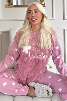 Pink Hello Winter Patterned Women's Plush Pajama Set