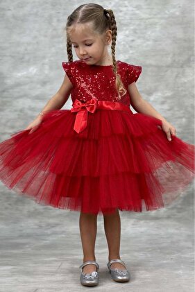 Girl's Sequined Embroidered Katkat Red Evening Dress Age 4-7