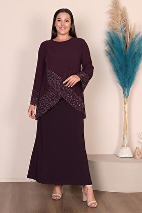 Kadin Buyuk Beden Abiye Elbise I?nce Tas Baskılı Tesettur Abiye Takım