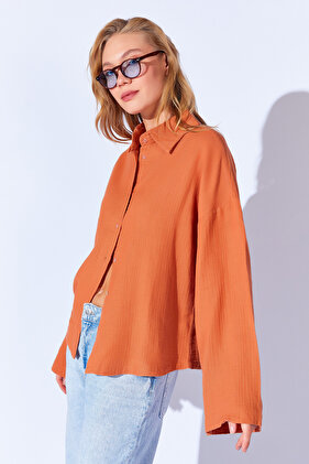 Mocha Kahve Kolları Salaş Yıkamalı Müslin Oversize Rahat Kalıp Kadın Basic Gömlek| Mks166881-01