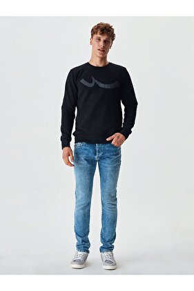 Logolu Bisiklet Yaka Siyah Sweatshırt