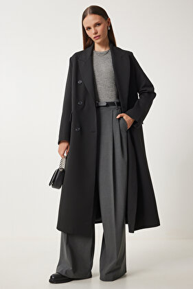 Black Premium Woven Oversize Women's Jacket - Shawl Collar Coat Fn03381