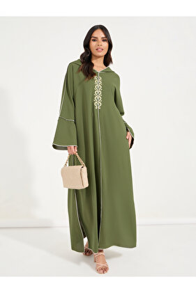 فستان ماكسي قفطان بغطاء رأس من مزيج القطن المطرز