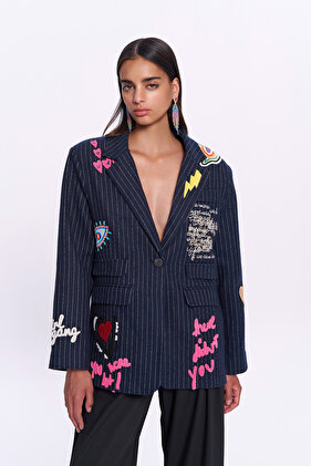 Colorful Embroidery Detailed Cashmere Blazer Jacket Navy Blue