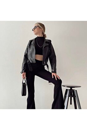 Kadın Siyah Fermuar Detaylı Deri Ceket