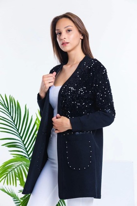 Női fekete, flitteres és gyöngyös, részletgazdag szelánik szövetkabát