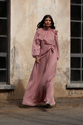 Dusty Rose Chiffon Evening Dress with Ruffle Detail, Tctaw25Db00017