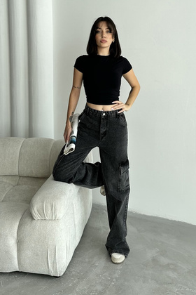 High Waist Anthracite Wide Leg Jeans - Cargo Pocket, Twoaw25Je00369