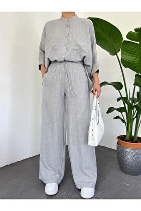 طقم قميص كاجوال بجيب مزدوج وأكمام نصف خفاش - رمادي