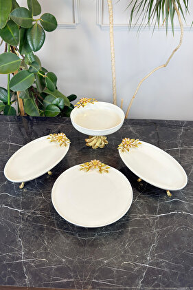 Papatya 4 Piece Porcelain Bowl Plate Presentation Set & Footed Bowl Footed Plate