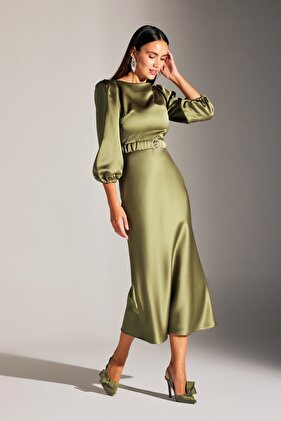 DIANA Balloon Sleeve KHAKI dress with stone belt