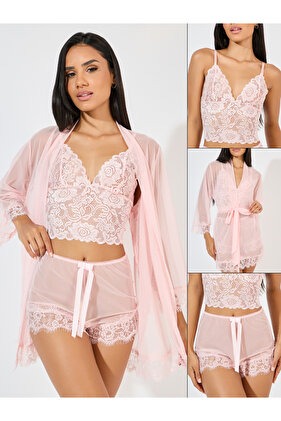 مجموعة من 3 قطع - حمالة صدر دانتيل، شورت شبكي ورداء