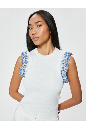 Ruffled Scallop Detailed Top Sleeveless Color Contrast Slim Knitwear