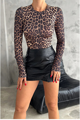 Crew Neck Basic hosszú ujjú leopárdmintás Body