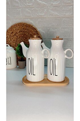 طقم وعاء زيت بورسلين وقاعدة خشبية سعة 1 لتر - طقم مخلل مكون من 3 قطع (الملصق غير متضمن)