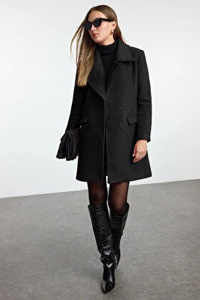 Schwarzer Kaschmirmantel mit Knopfverschluss TWOAW23KB00029