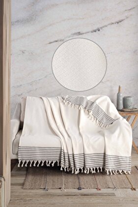 غطاء أريكة كريمي بإطار على شكل نجمة | شال أريكة 180x210 قطن