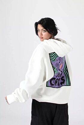 سويت شيرت بقلنسوة أبيض كبير الحجم للجنسين مطبوع عليه ظهر قطة حمضية