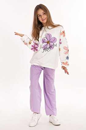 طقم بدلة رياضية للفتيات بلون أرجواني إكرو مطبوع عليه زهور