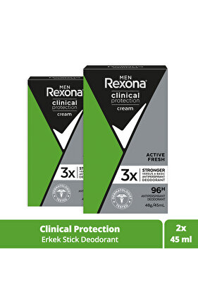 Men Clinical Protection Stick Deodorant Active Fresh 96 Saate Kadar Koruma 45 ml X2 Adet