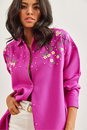 Cămașă de iarnă supradimensionată pentru femei cu broderie fucsia și efect de lână perlat - GML- 19001159