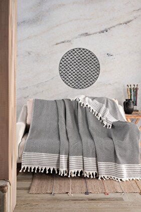 غطاء أريكة أسود بحدود نجمة | شال أريكة 180x210 قطن