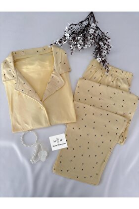 طقم بيجامة قطن ممشط باللون الأصفر مكون من قطعتين